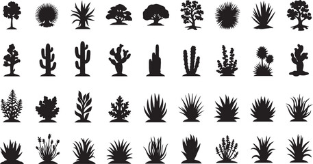 A diverse collection of various types of plants and trees illustrated in black and white isolated on white background, Vector © Ripon