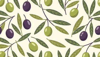 Olive Branch Seamless Pattern with Green and Purple Olives