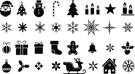 Naklejka premium Christmas Holiday Icons Set Black Silhouette Collection. Winter Christmas Symbols Pack Santa Tree Snowflake Icons.