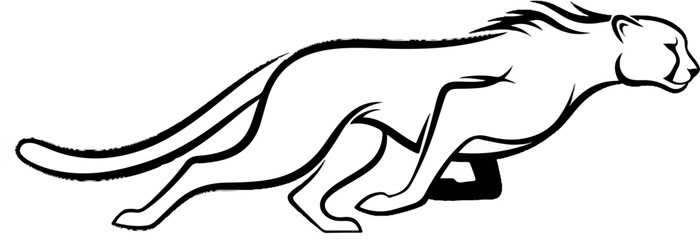Stylized black and white illustration of a cheetah in full stride, motion lines © Ali
