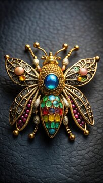 A metallic bee-shaped brooch with intricate details and gemstone-like embellishments