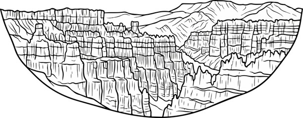 Obraz premium Stylized black and white drawing of majestic rock formations and distant mountains