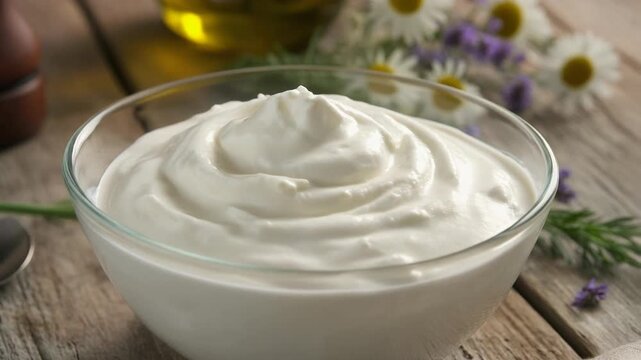 Creamy white yogurt in glass bowl.