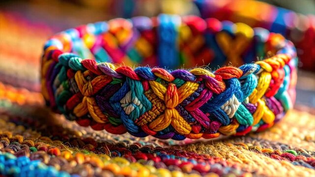 A brightly colored woven bracelet, intricate patterns, sits atop a textured fabric surface