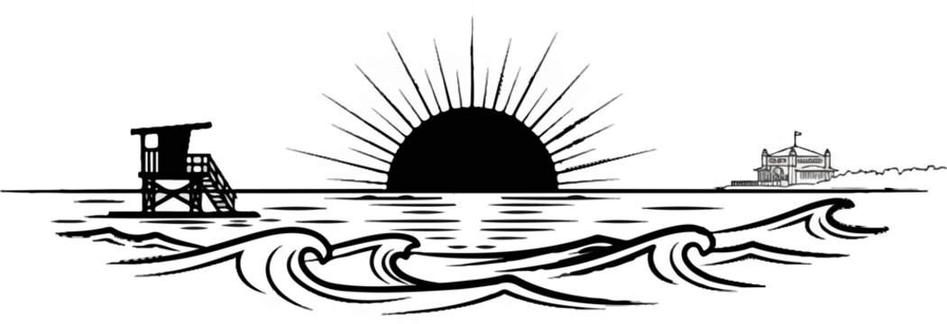 Stylized beach scene with a lifeguard stand, sun, and building