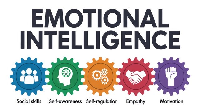 Visual representation of emotional intelligence concepts showing five interconnected gears representing social skills self awareness self regulation empathy and motivation