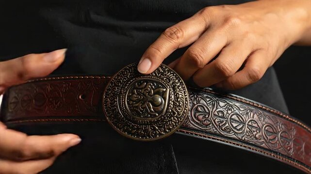 A person fastens an ornate, circular buckle on a brown leather belt