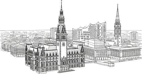 Sketch of a city skyline featuring historic buildings and a modern concert hall