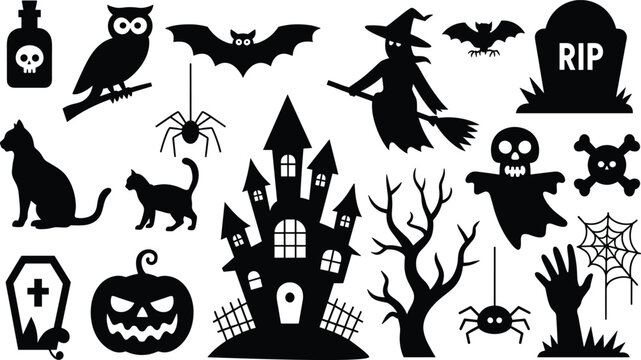 Spooky Halloween Black Silhouettes Isolated on transparent background