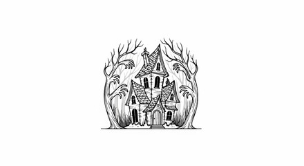 Spooky, whimsical house surrounded by gnarled trees with reaching branches