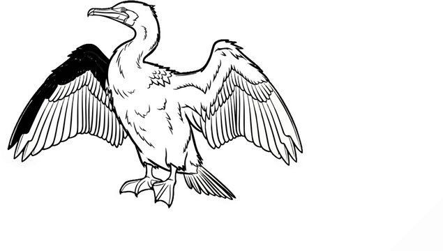 Sketch of a cormorant bird with wings spread, black wing tips
