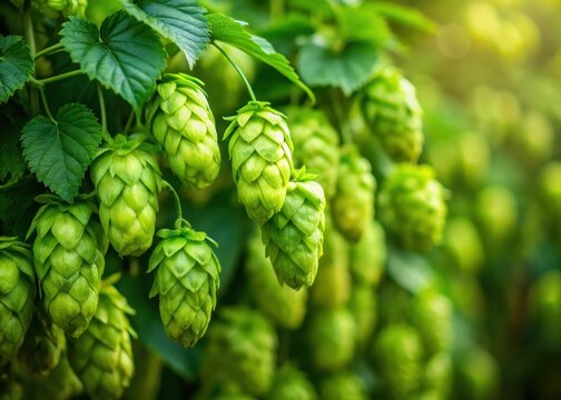 Close-up of green beer hop cones hanging from a lush vine in a hop farm