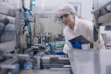 Hygiene inspector stuff officer work in science factory. Pharmaceutical medicine production process.