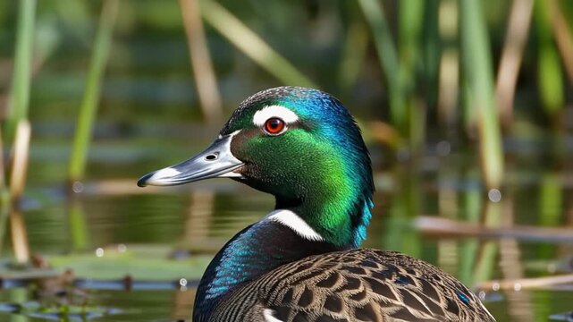 Duck in Water with Green Background.