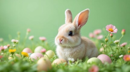 Fototapeta premium Small bunny rabbit sitting in a spring meadow with Easter eggs and wildflowers. Fluffy brown rabbit in green grass with pastel eggs. Easter holiday background concept
