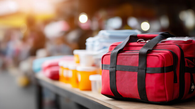 EMT equipment and supplies, emergency medical kit close-up, paramedic tools display, professional healthcare equipment, first responder supplies, defocused emergency background, with copy space
