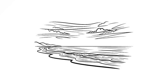 Sketch of a windswept coastline with waves, mountains, and clouds