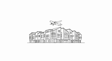 Sketch of an airplane flying over modern townhouses