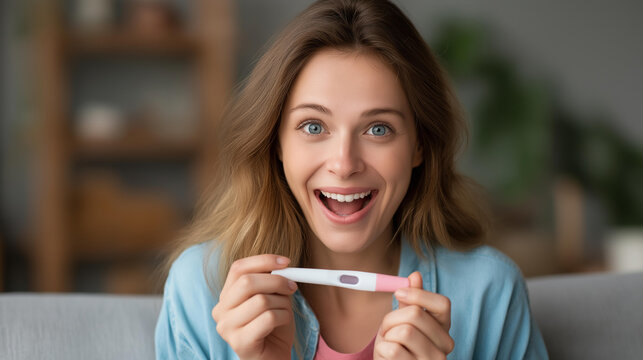 Girl pregnancy test excited or surprised in home, fertility and IVF success journey, new mother happy with results, testing kit on sofa, future motherhood moment, defocused interior background,