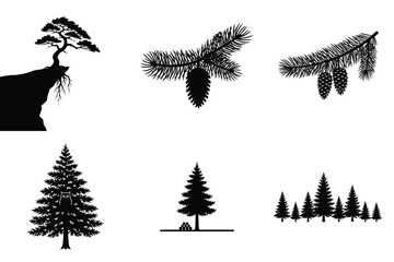 Fototapeta premium Collection of black silhouette evergreen trees, pine branches with cones, an owl in a tree, and a cliffside tree, suitable for nature and forest themed designs.