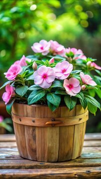 Delicate pale pink impatiens flowers in a pot garden