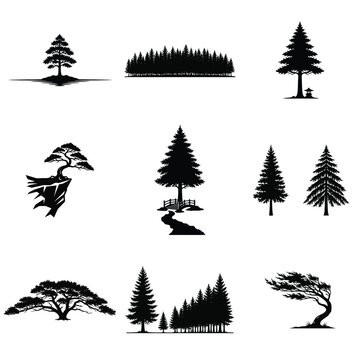 Collection of diverse tree and forest silhouettes, including pine, bonsai, and windswept trees, perfect for nature themed designs and outdoor branding.
