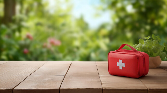 Red first aid kit on wooden table, emergency medical supplies display, household safety preparedness, domestic emergency equipment, defocused table surface background, with copy space