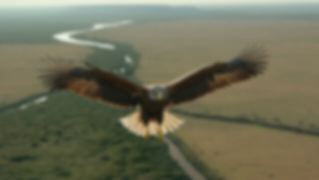 Blurred background of giant eagle soaring high above the safari plains, ultra-detailed feathers fully extended with visible texture layers, vast African landscape far below with rivers and trees.