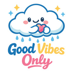 Cute cartoon smiling cloud holding a heartshaped lock sending good vibes only with raindrops and stars around it