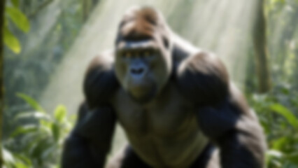 Fototapeta premium Blurred background of silverback gorilla beating its chest powerfully, ultra-realistic fur strands and intense facial expression, dense rainforest safari clearing with volumetric light rays through.