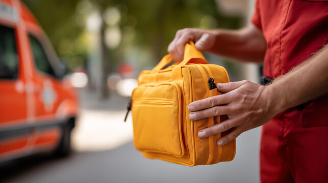 EMT preparing first aid kit before heading out to rescue operation, paramedic equipment check, emergency response readiness, professional medical preparation, defocused background, faceless