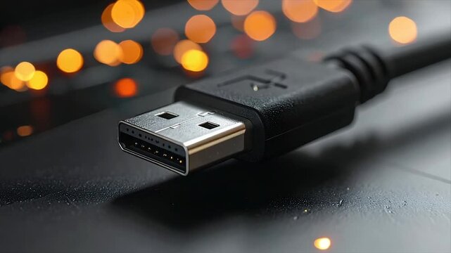 Close-up of a black USB connector with gold accents and a blurred bokeh background