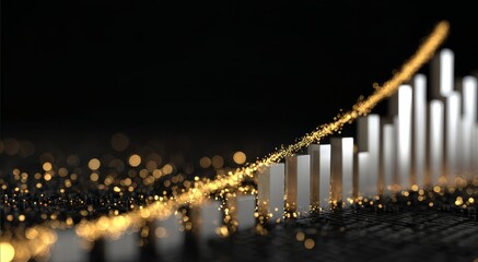 An abstract representation of a rising bar chart with golden particles flowing along its curve on a dark background, symbolizing financial growth and prosperity.