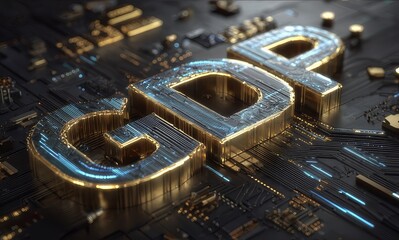 The golden 3D letters "GDP" prominently placed on a complex circuit - board background, symbolizing the intersection of economics and technology.