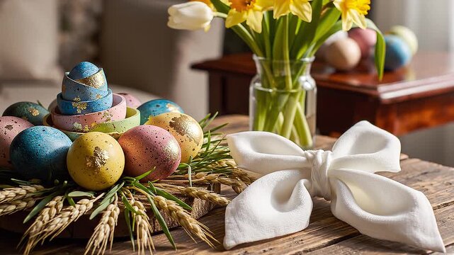 Easter eggs and flowers on table.