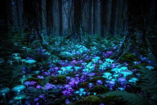 Ethereal glowing mushrooms in a mystical forest with bioluminescent effects