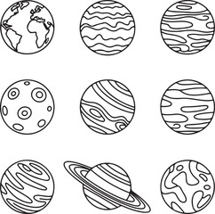solar system icons and earth, moon, saturn coloring book vector illustration © Mohaiminul