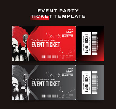 Vibrant red and grayscale music concert event ticket templates designed for easy customization and professional presentation, featuring microphone and drum set graphics.