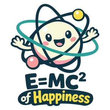 Cute smiling cartoon atom character with animated face and orbiting electrons expressing joy and happiness in a playful sciencethemed design