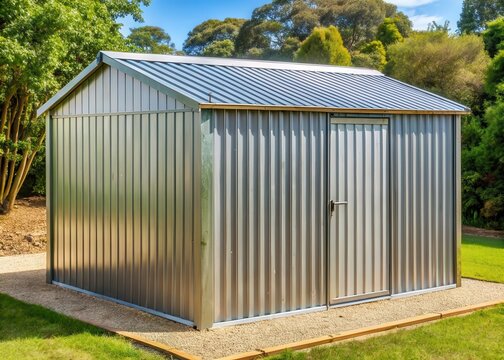 A sturdy light steel roof with a silver galvanized finish installed on an outdoor metal shed