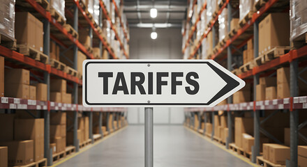 Naklejka premium Warehouse Signage Indicating Tariffs Amidst Stored Goods and Shelving