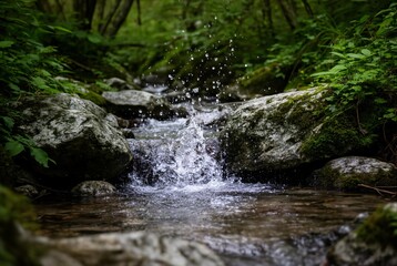 Crystal clear mountain stream flowing over moss-covered rocks in a lush green forest