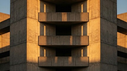 Minimal modern concrete building facade with strong geometric symmetry and warm natural sunlight. Ideal for architecture, real estate, urban design, corporate branding, construction concepts