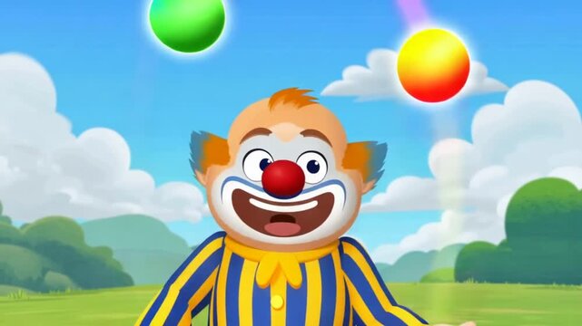 Clown juggling balls with monkey grasshopper.
