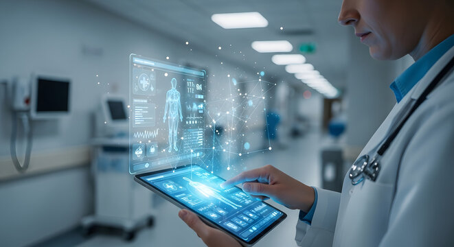 High tech medical research environment, holographic healthcare system, professional doctor portrait