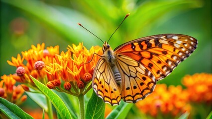 Fritillary butterfly ventral view feeding from a butterfly weed with green background