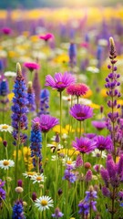 Obraz premium Colorful mix of purple wildflowers blooming together in a lush meadow