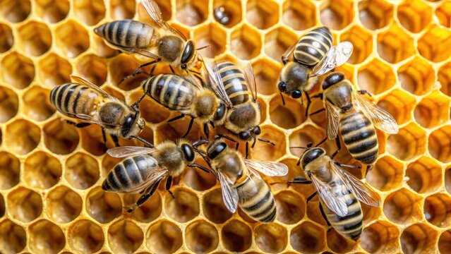 A group of bee larvae crawling on a honeycomb cell