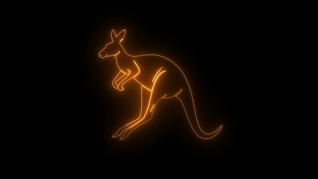 Neon orange kangaroo outline on a black background Keywords: kangaroo, neon, orange, outline, animal, marsupial, Australia, wildlife, silhouette, glowing, abstract, digital art, illustration