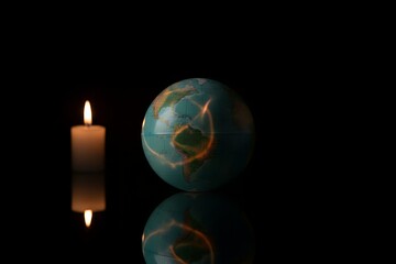 Earth Globe with Candle Light in Dark Background &ndash; Earth Hour and Energy Saving Concept